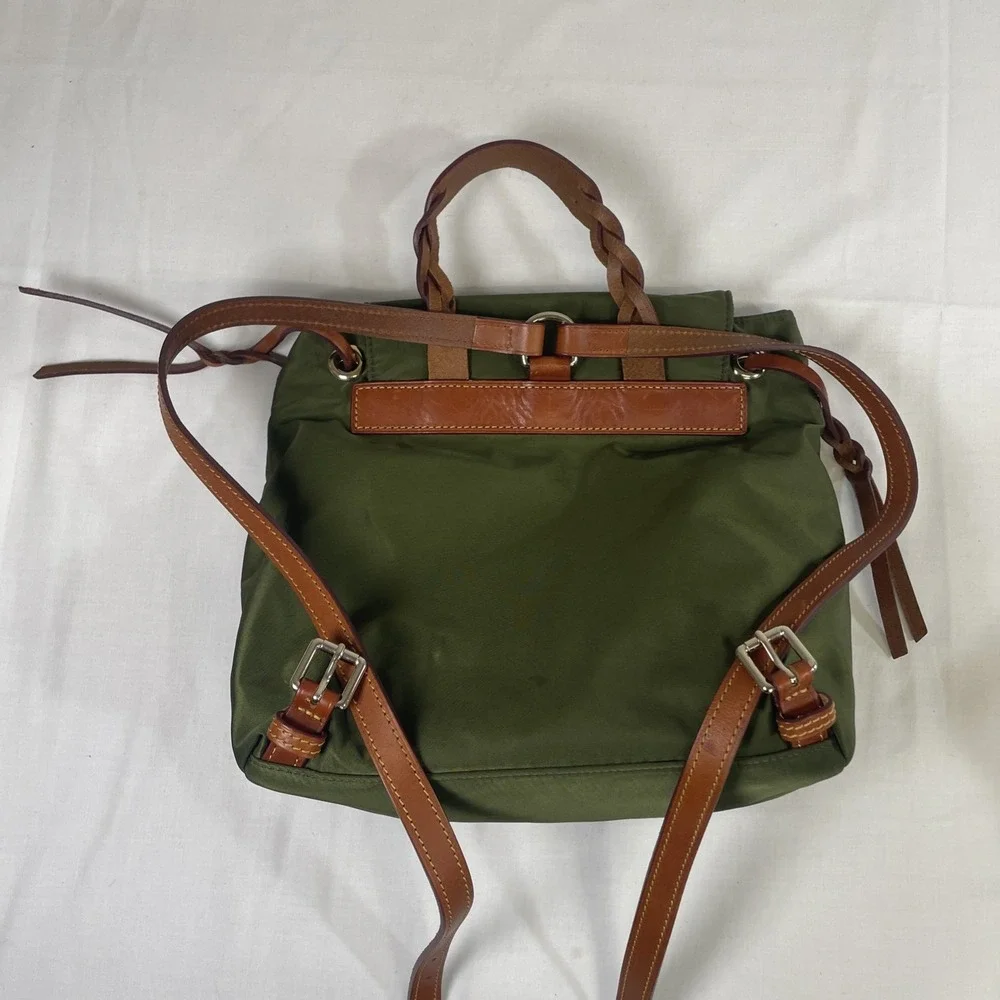 Dooney & Bourke Nylon Flap Backpack Style IN503 Army Green leather gold details